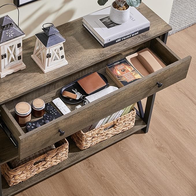 Yaheetech Console Table with Drawer and 2 Open Storage Shelves, Sofa Table for Living Room, 3-Tier Narrow Entryway Table, X-Shaped Design, Taupe Wood