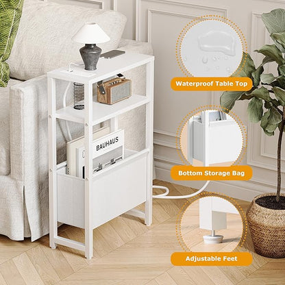 Narrow Side Table with Charging Station Slim End Table Sofa with Magazine Rack, Bedside Table for Small Spaces, 3 Tier Nightstand for Living Room Couch, Bedroom White LET503WE