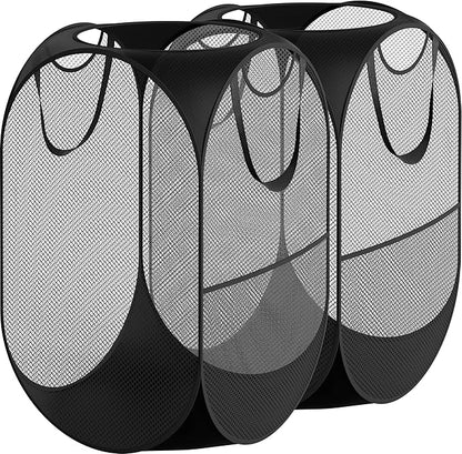 Simple Houseware Mesh Pop-Up Laundry Hamper Basket with Side Pocket, Black - 2 Pack